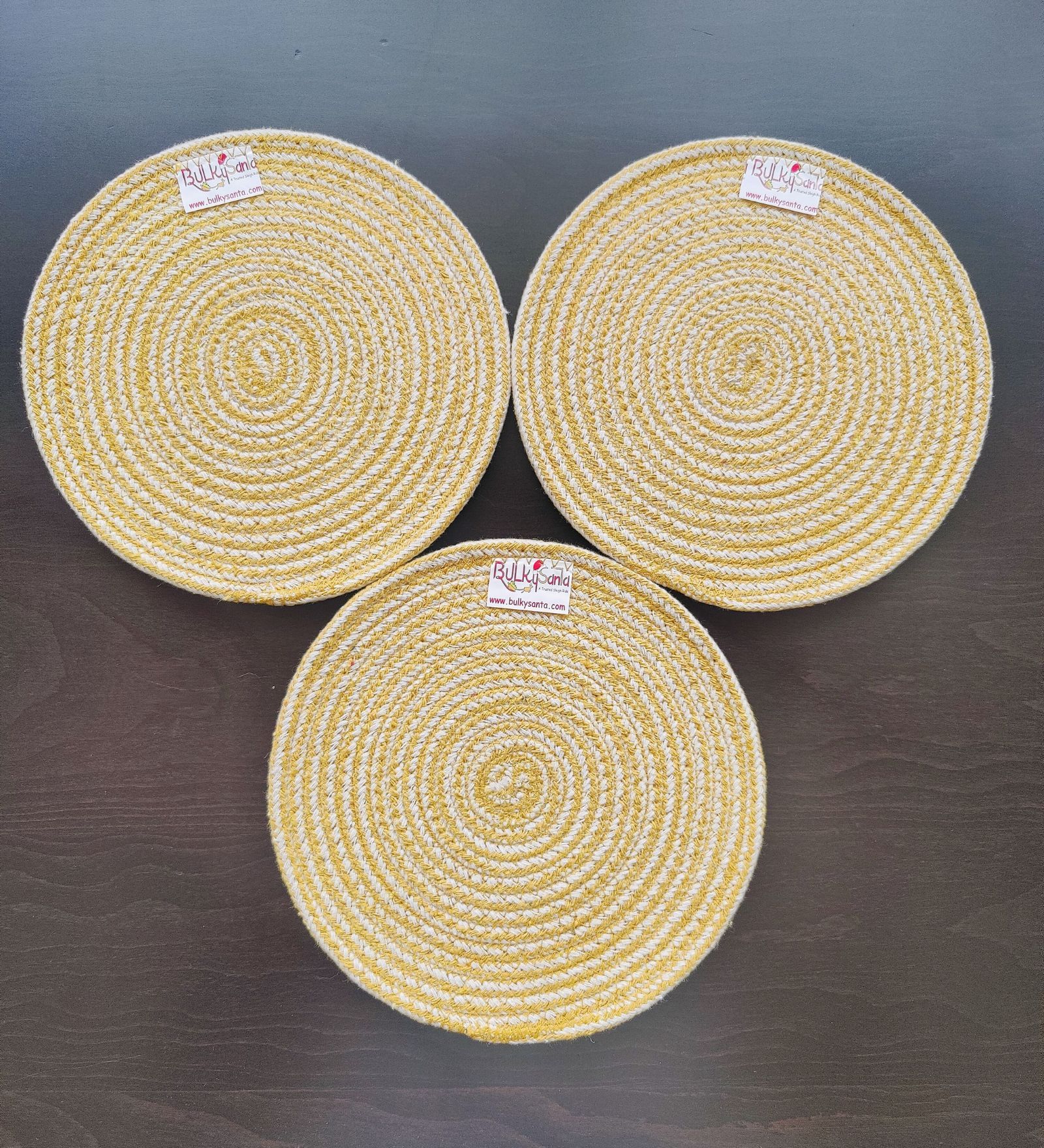 Round table mats cotton placemats (pack of 3) | Hotpads / trivets 9", Heat Resistant, Reversible Use (Yellow) by Bulky Santa