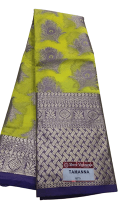 Green and Purple Floral Saree with Zari Border Green and Purple Floral Saree with Zari Border