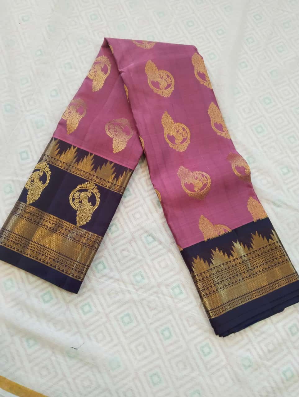 Pink and Blue Gollapalli Pattu Saree With Peacock zari motifs (Pure Maggam Pattu Saries)