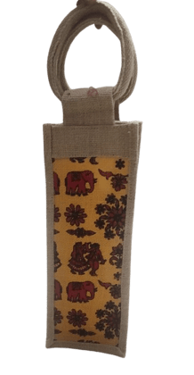 **Jute Wine Bottle Bag with Colorful Elephant Print** **Jute Wine Bottle Bag with Colorful Elephant Print**