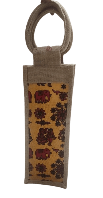  **Jute Wine Bottle Bag with Colorful Elephant Print**