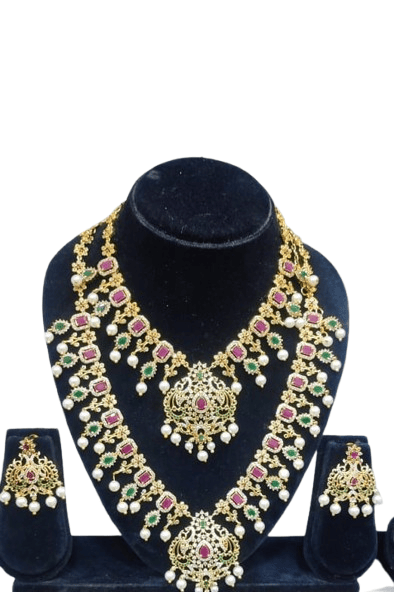 Bridal Necklace Set With Earrings In Gold Plated With Ruby Stones