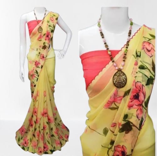 Yellow Floral Printed Saree With Blouse Piece