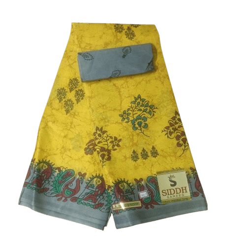 Yellow and Grey Floral Saree with Blouse Piece