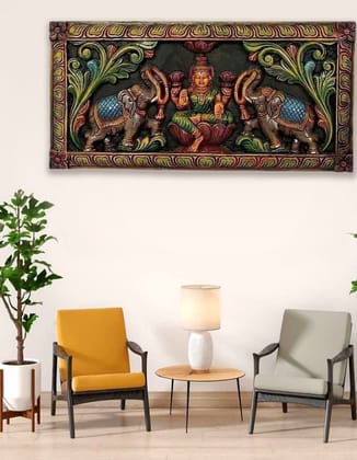  Handcrafted Wooden Wall Panel with Goddess Lakshmi and Elephants
