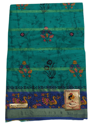Green Floral Saree with Peacock Border Green Floral Saree with Peacock Border