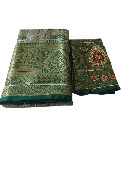 Green and gold silk traditional Indian wedding sari with blouse piece
