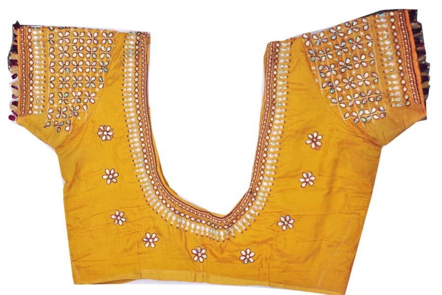Yellow Hand Embroidered Blouse With Mirror Work