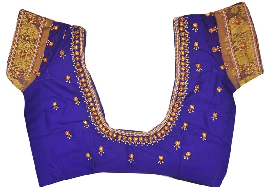 Blue Hand Embroidered Blouse With Zari And Pearl Work