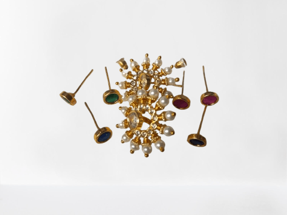14KT Gold Plated Pearl and Green Stone Stud Earrings