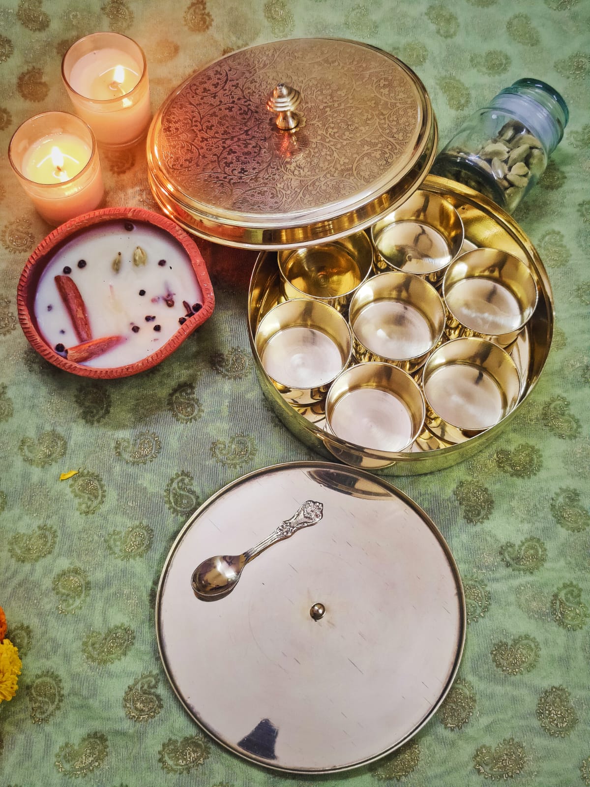 BulkySanta Brass spice box for kitchen with exclusive spoon holding tray, 7 containers and spoon | heavy quality brass masala box (7 inches, Weight - 950 grams approx.)