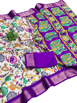 DOLA KALAMKARI White Floral Saree with Elephant Print Border DOLA KALAMKARI White Floral Saree with Elephant Print Border