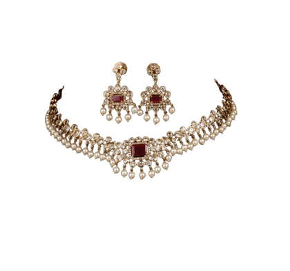  Ruby and Diamond Choker Necklace Set with Pearls