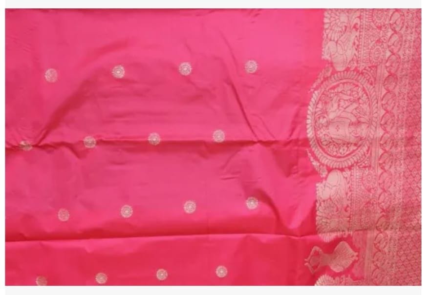 Pink Banarasi Silk Saree With Golden Elephant And Peacock Motifs