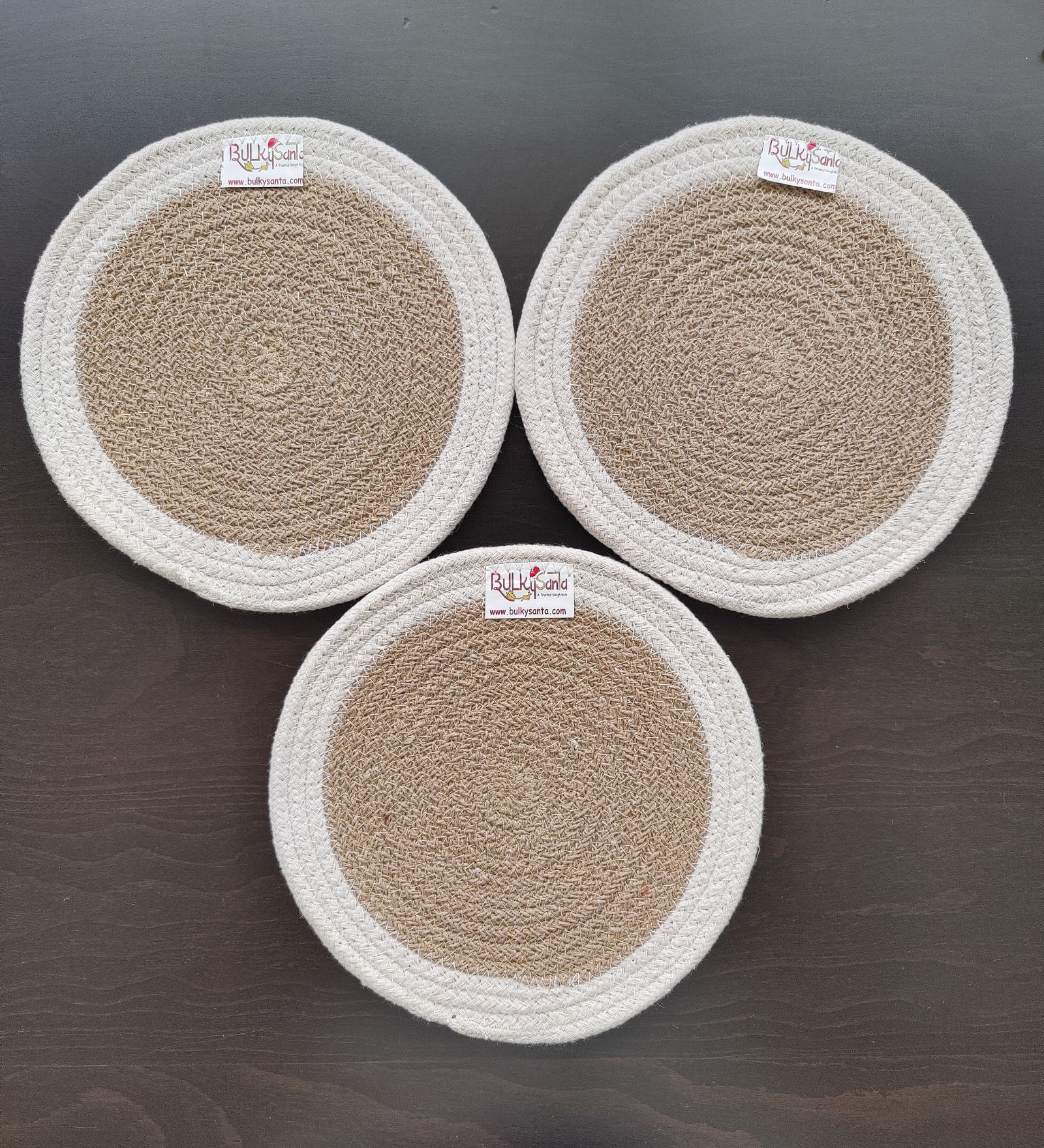 Round table mats cotton placemats (pack of 3) | Hotpads / trivets 9", Heat Resistant, Reversible Use (White - Beige) by Bulky Santa