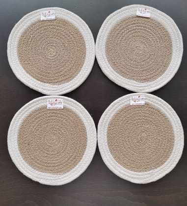 Round table mats cotton placemats (pack of 4) | Hotpads / trivets 9", Heat Resistant, Reversible Use (White - Beige) by Bulky Santa