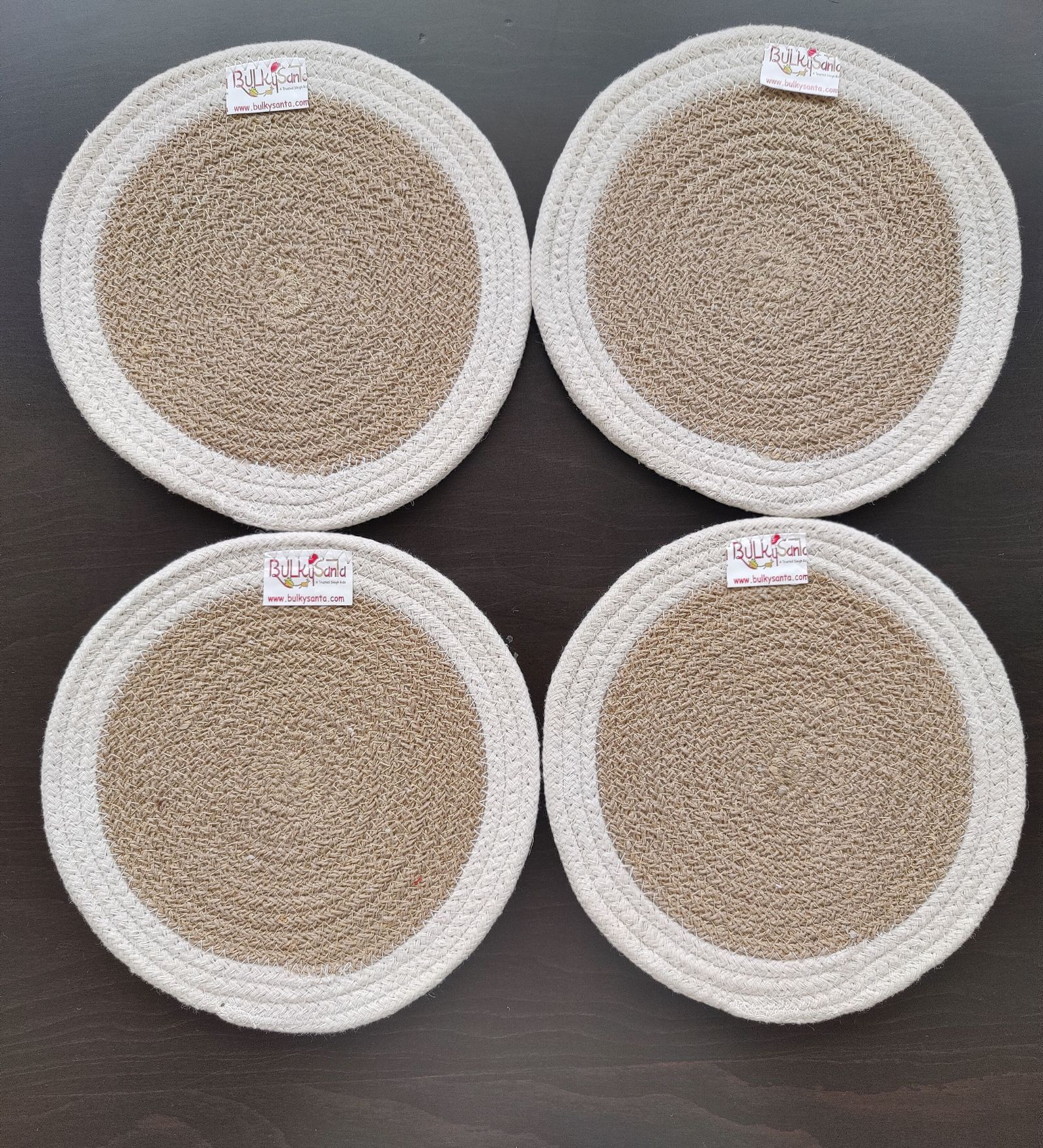 Round table mats cotton placemats (pack of 4) | Hotpads / trivets 9", Heat Resistant, Reversible Use (White - Beige) by Bulky Santa