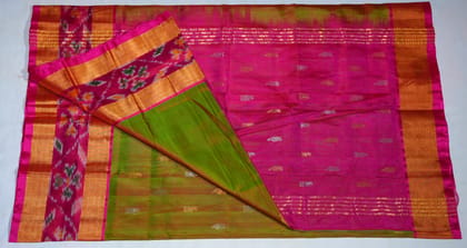 Uppada Pochampalli Boder with buta Green and Pink Silk Saree With Blouse Piece