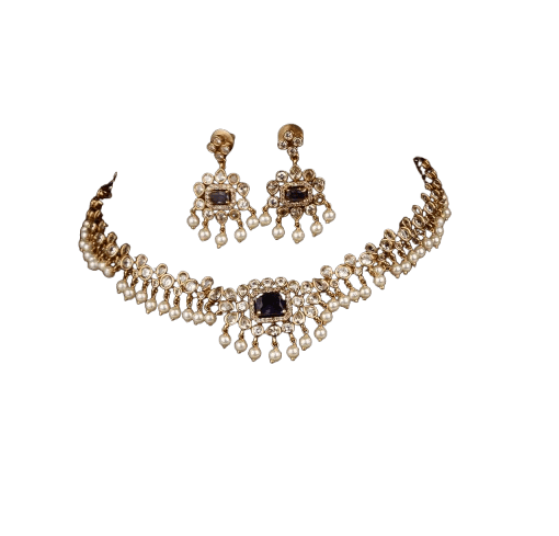 Exquisite Gold-Plated Kundan and Pearl Choker Necklace Set with Earrings