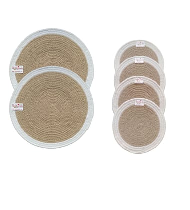 Round table mats cotton placemats (pack of 6) | Big Mats  & Hotpads / trivets, Heat Resistant, Reversible Use (White - Beige) by Bulky Santa