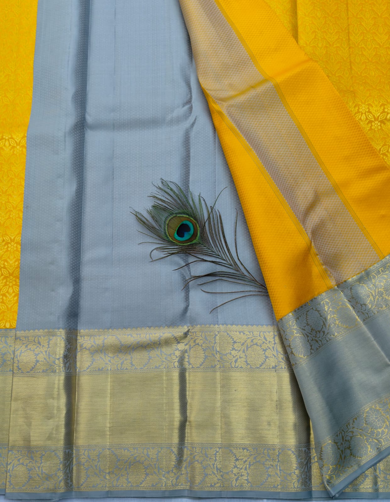 Light Grey Kanchipuram Silk Saree With Yellow Zari Border