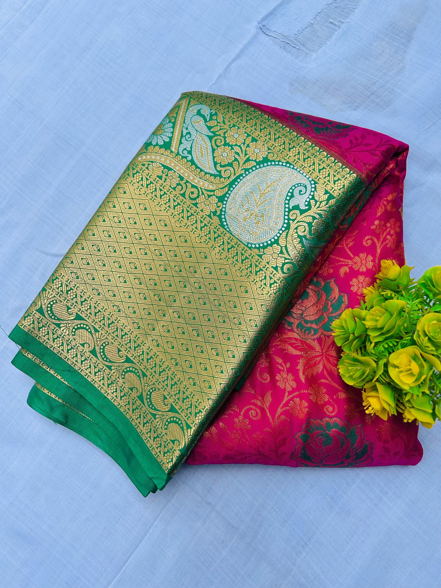 Green and Pink Silk Saree With Blouse Piece