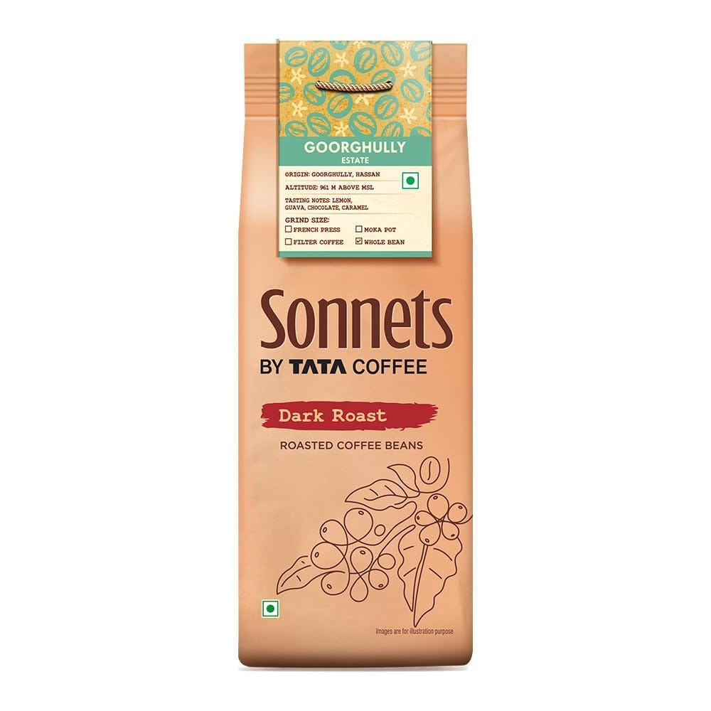 Sonnets by Tata Coffee, Whole Bean, Dark Roast Arabica Coffee, 250g, Grown in Goorghully Estate with Tasting Notes of Lemon, Guava, Chocolate & Caramel