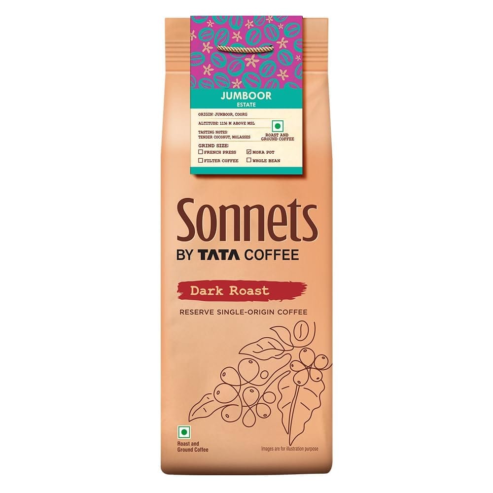 Sonnets by Tata Coffee, Jumboor Estate, Dark Roast Moka Pot Coffee, Arabica Coffee with Tasting Notes of Tender Coconut & Molasses, Single-Origin Coffee, 250g
