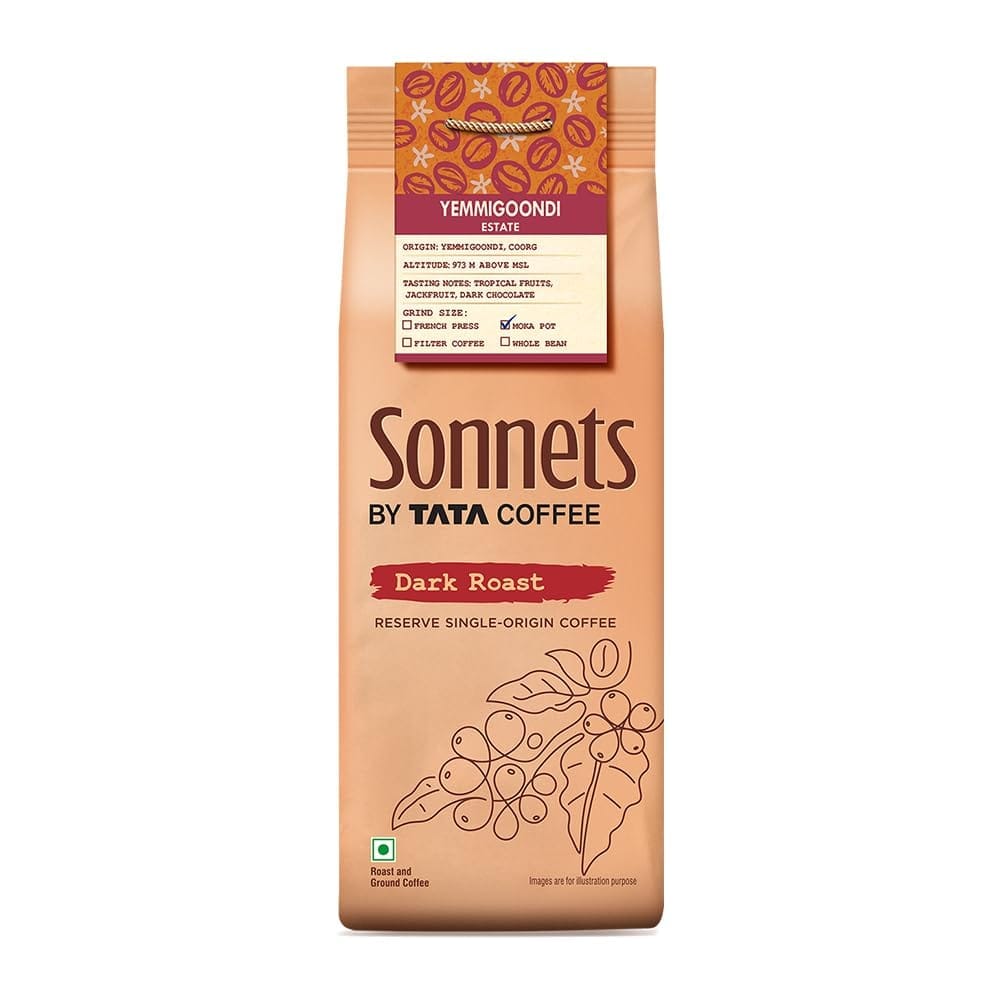 Sonnets by Tata Coffee, Arabica Coffee, 250g, Dark Roast Single-Origin Coffee, Grown in Yemmigoondi Estate (Coorg), Moka Pot Coffee with Tasting Notes of Tropical Fruits, Jackfruit & Dark Chocolate
