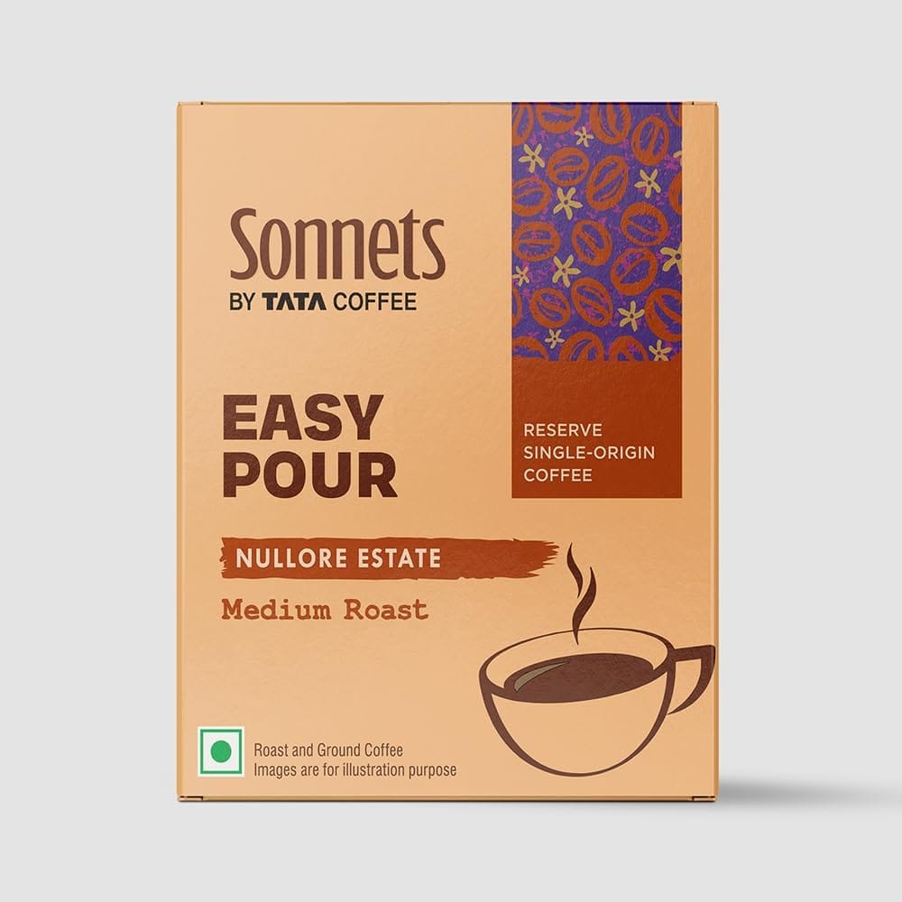 Sonnets by Tata Coffee, Easy Pour, Nullore Estate, Medium Roast & Ground Coffee,Tasting Notes of Dark Chocolate & Citrus, 5 Easy Pour Bags