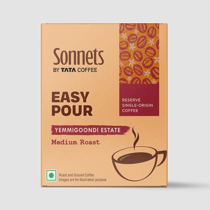Sonnets by Tata Coffee, Easy Pour, Yemmigoondi Estate, Medium Roast & Ground Coffee,Tasting Notes of Jackfruit, Black Pepper & Cloves, 5 Easy Pour Bags Sonnets by Tata Coffee, Easy Pour, Yemmigoondi Estate, Medium Roast & Ground Coffee,Tasting Notes of Jackfruit, Black Pepper & Cloves, 5 Easy Pour Bags