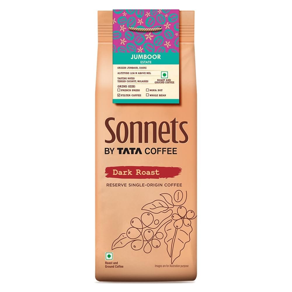 Sonnets by Tata Coffee, Arabica Coffee, 250g, Dark Roast Single-Origin Coffee, Grown in Jumboor Estate (Coorg), Filter Coffee with Tasting Notes of Caramel, Toasted Nuts & Dark Chocolate