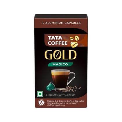 Tata Coffee Gold Coffee Capsules, Intensity- 6 | Tasting notes: Chocolaty, Nutty & Citrusy | 100% Arabica Coffee | Nespresso Compatible Coffee Pods, 10 Aluminium Capsules, 55 g Tata Coffee Gold Coffee Capsules, Intensity- 6 | Tasting notes: Chocolaty, Nutty & Citrusy | 100% Arabica Coffee | Nespresso Compatible Coffee Pods, 10 Aluminium Capsules, 55 g
