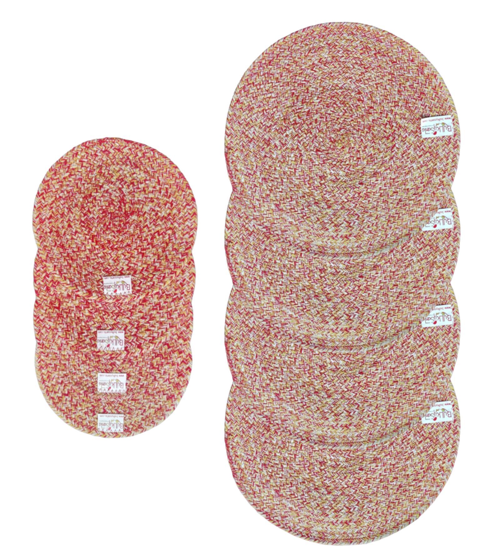 Round table mats cotton placemats (pack of 8) | Big Mats  & Hotpads / trivets, Heat Resistant, Reversible Use (Red - Yellow) by Bulky Santa