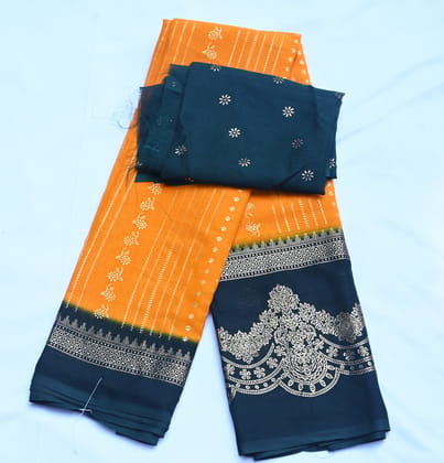 Ramani sarees Green and Orange Saree with Blouse Piece