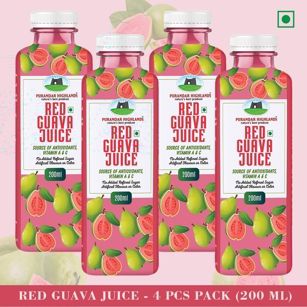 Red Guava Juice by Purandar Highlands - Nature's Best Produce - 200 ml - Pack of 4