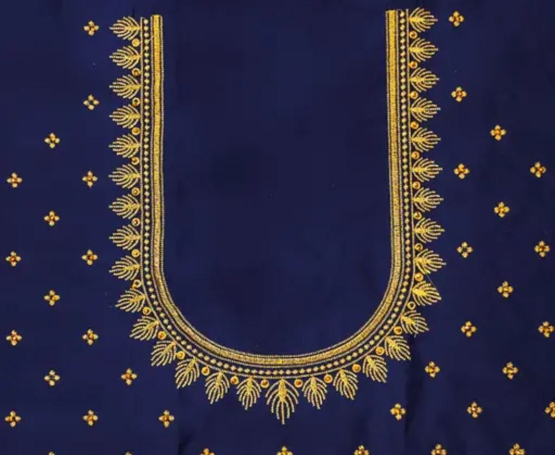Blue and gold embroidered blouse - Un Stiched Blouse - 1 Meter