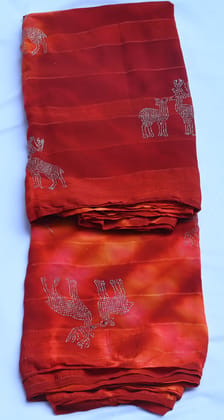 RAMANI SAREES Red and Orange Saree with Elephant Rhinestone Embellishment