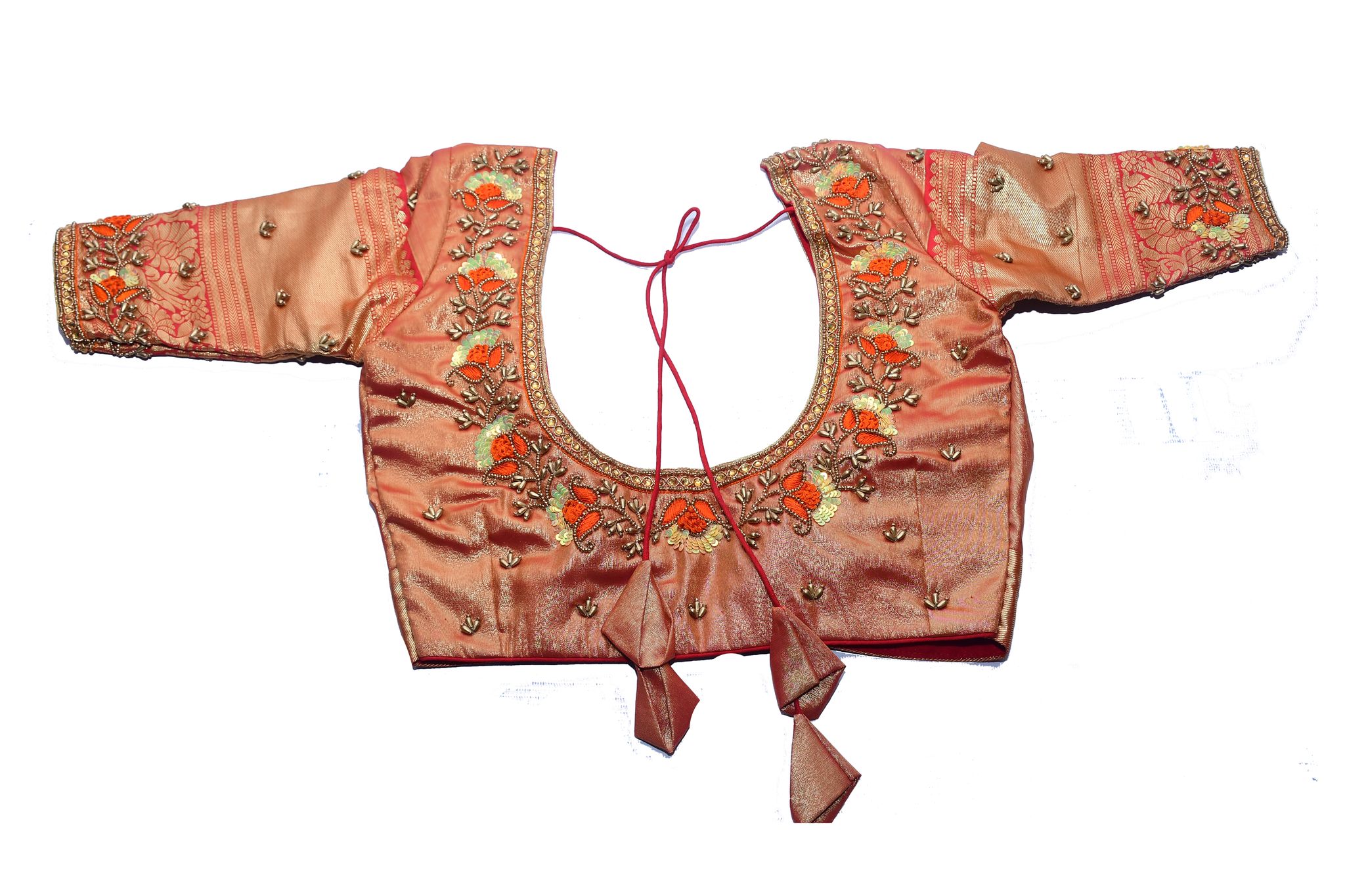Red and gold embroidered silk blouse