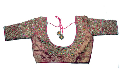 Pink Brocade Blouse With Stone and Pearl Embroidered Neckline Pink Brocade Blouse With Stone and Pearl Embroidered Neckline