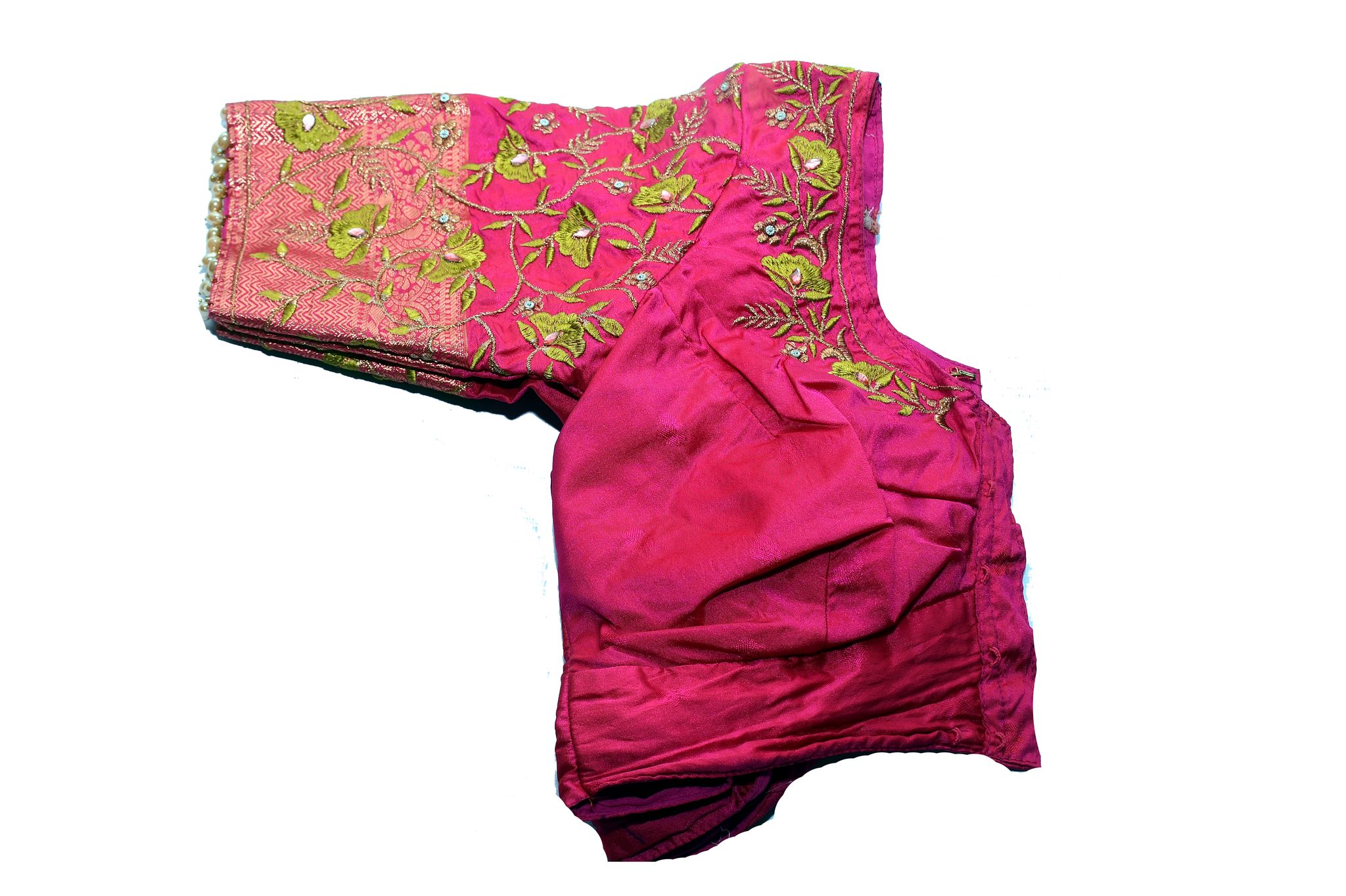 Pink Brocade Blouse With Floral Embroidery and Pearl Detailing