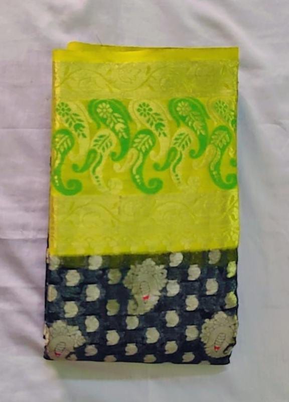 Yellow and Black Saree with Elephant and Floral Print