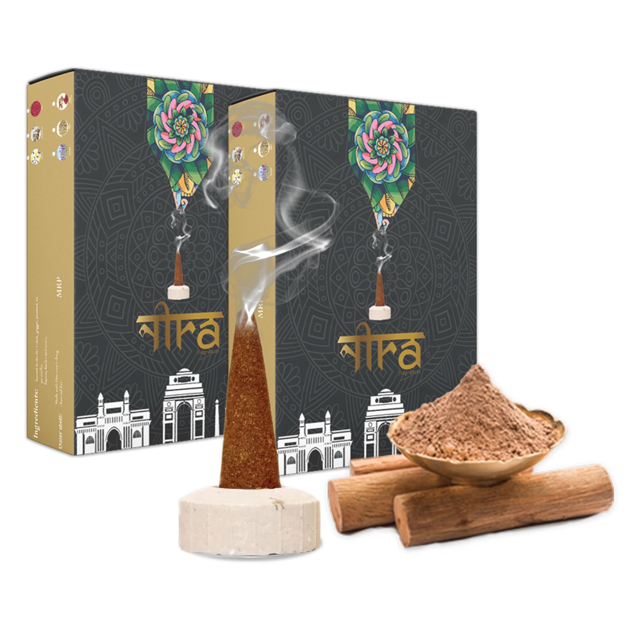 Nira Fragrances Natural Cow Dung Incense Cones |100 Organic Dhoop Cones with Sandalwood Fragrances | Best for Pooja, Meditation, and Aromatherapy | Free Dhoop Stand Included