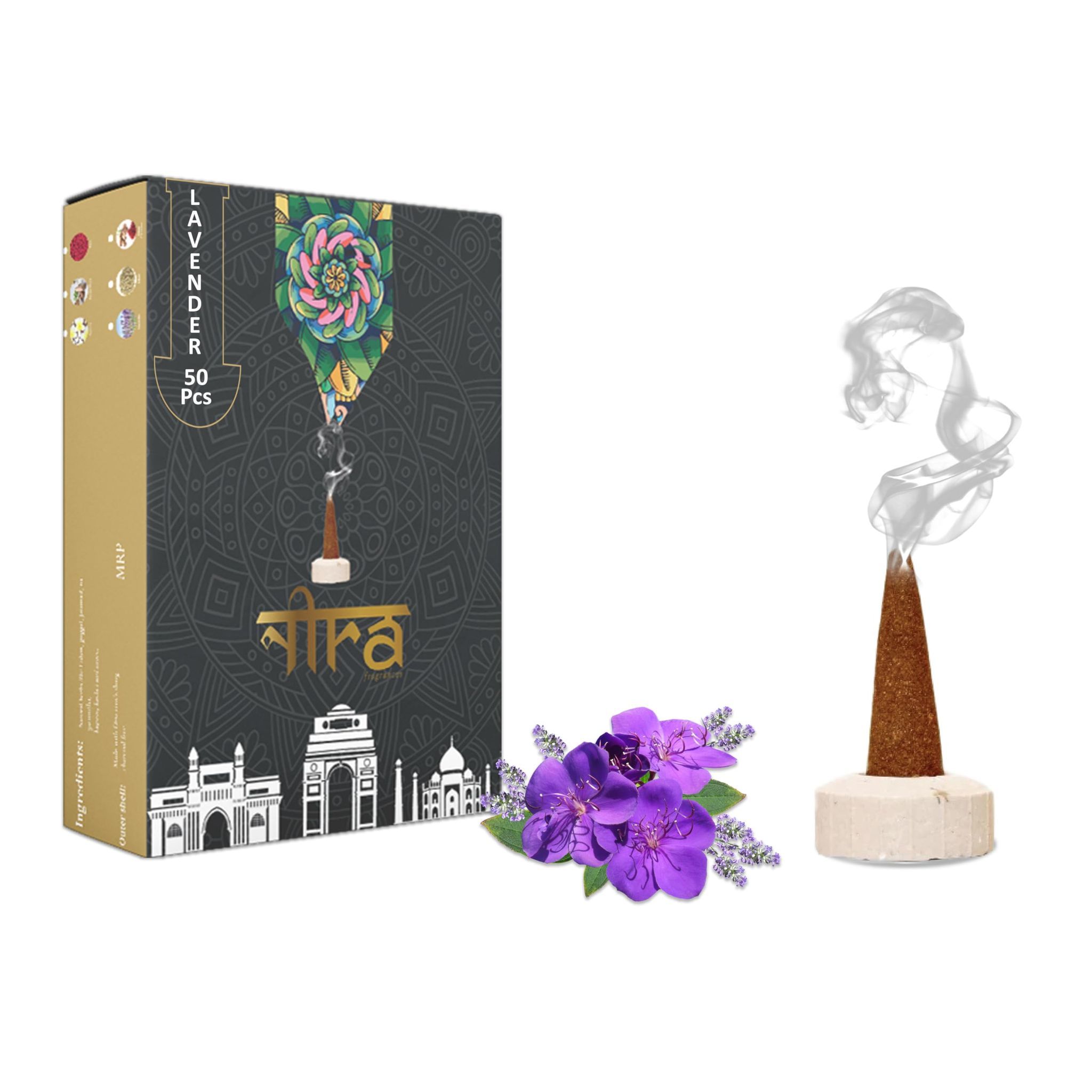 Nira Fragrances Natural Cow Dung Incense Cones | 50 Organic Dhoop Cones with Lavender Fragrances | Best for Pooja, Meditation, and Aromatherapy | Free Dhoop Stand Included