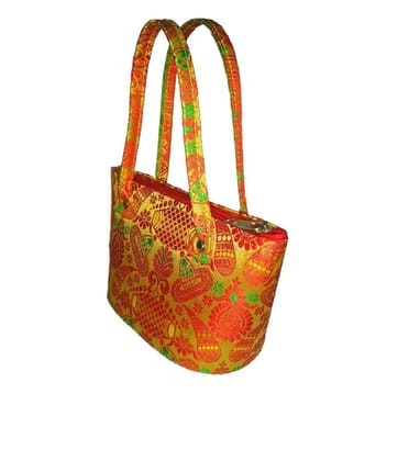 Red and yellow brocade handbag with green handles Red and yellow brocade handbag with green handles