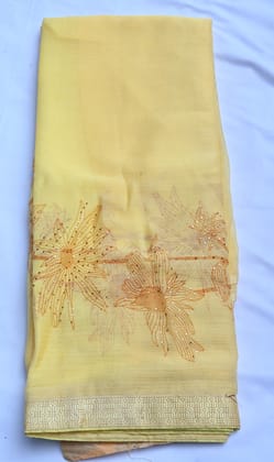 SRI ANU MATCHINGS Lemon yellow color pure georgette fabric fancy saree with embroidery work