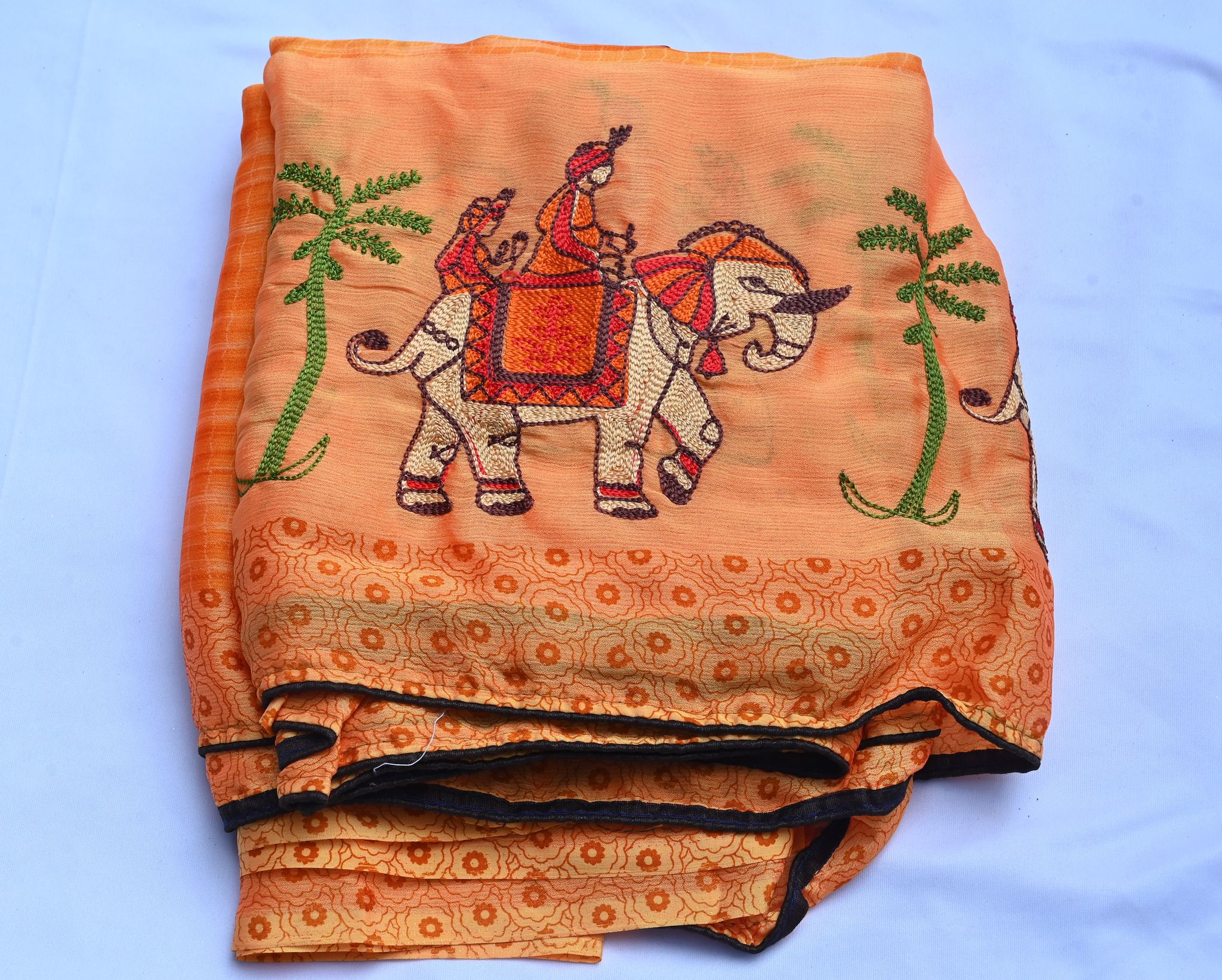 SRI ANU MATCHINGS Peach Colored Saree With Elephant Embroidery Work
