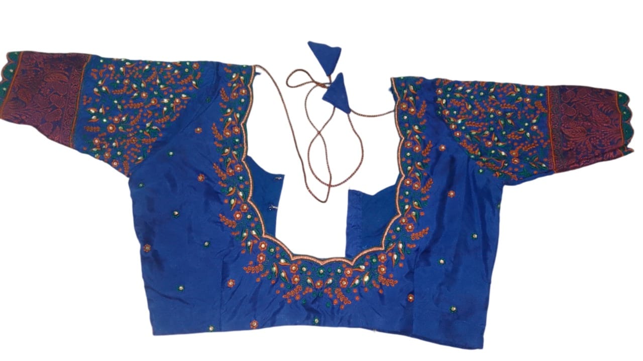 Blue Embroidered Boat Neck Blouse