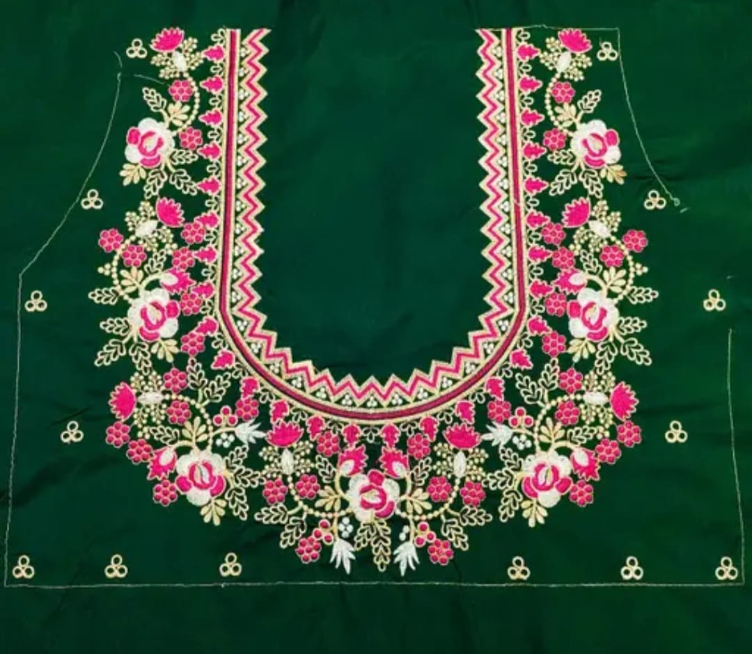 Bottle Green Embroidered Blouse - Un Stiched Blouse - 1 Meter
