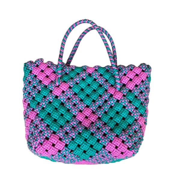 SRI ANNAPURNAMMA WIRE KOODAI BAGS - Handwoven Market Tote Bag with Checkered Pink and Green Design